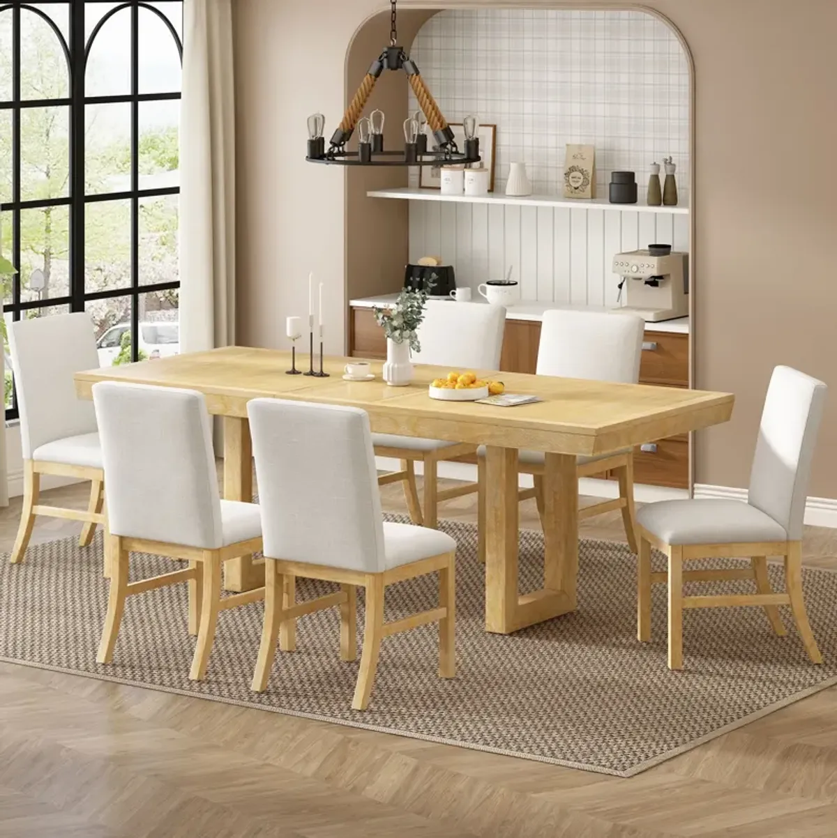 Topmax - 7 Piece Traditional Extendable Dining Table Set With Butterfly Leaf And 6 Upholstered Dining Table Set