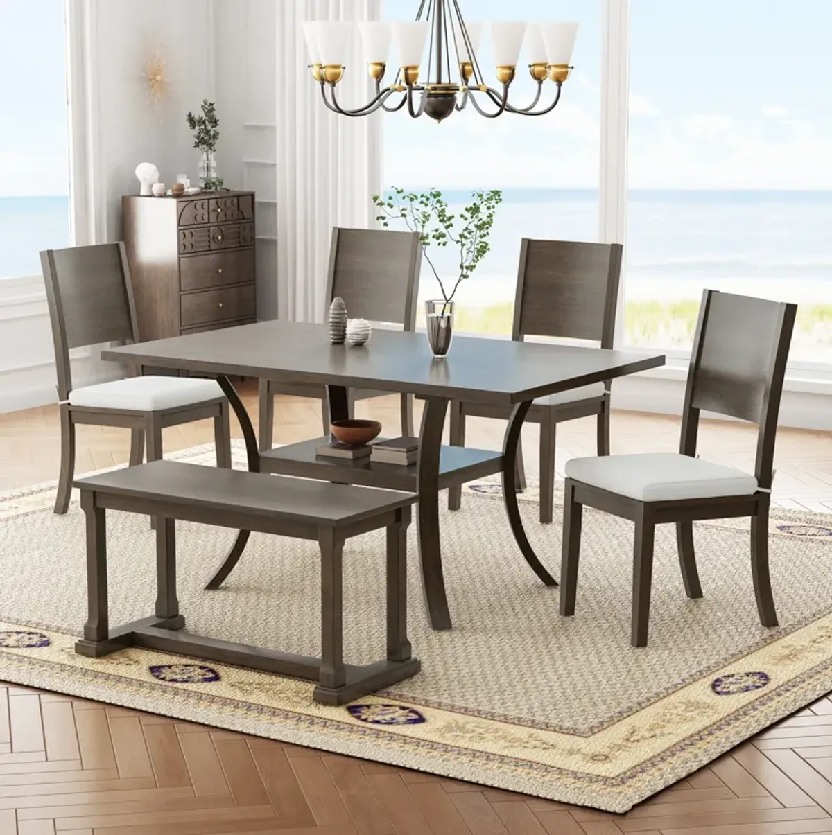 Topmax - 6 Piece Wood Dining Table Set With Storage Shelf And Curved Legs, Kitchen Table Set With Bench And 4 Removable Cushions Dining Chairs, Modern Style