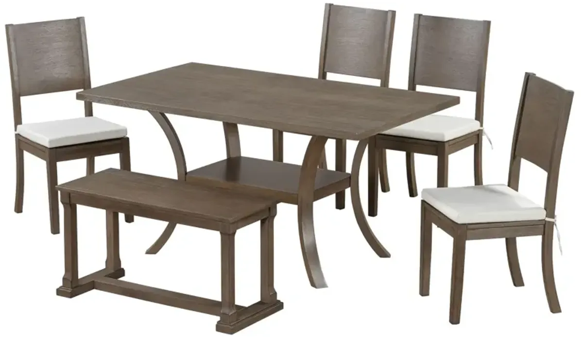 Topmax - 6 Piece Wood Dining Table Set With Storage Shelf And Curved Legs, Kitchen Table Set With Bench And 4 Removable Cushions Dining Chairs, Modern Style