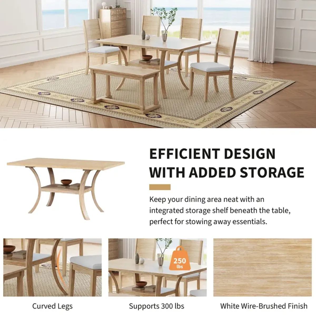 Topmax - 6 Piece Wood Dining Table Set With Storage Shelf And Curved Legs, Kitchen Table Set With Bench And 4 Removable Cushions Dining Chairs, Modern Style