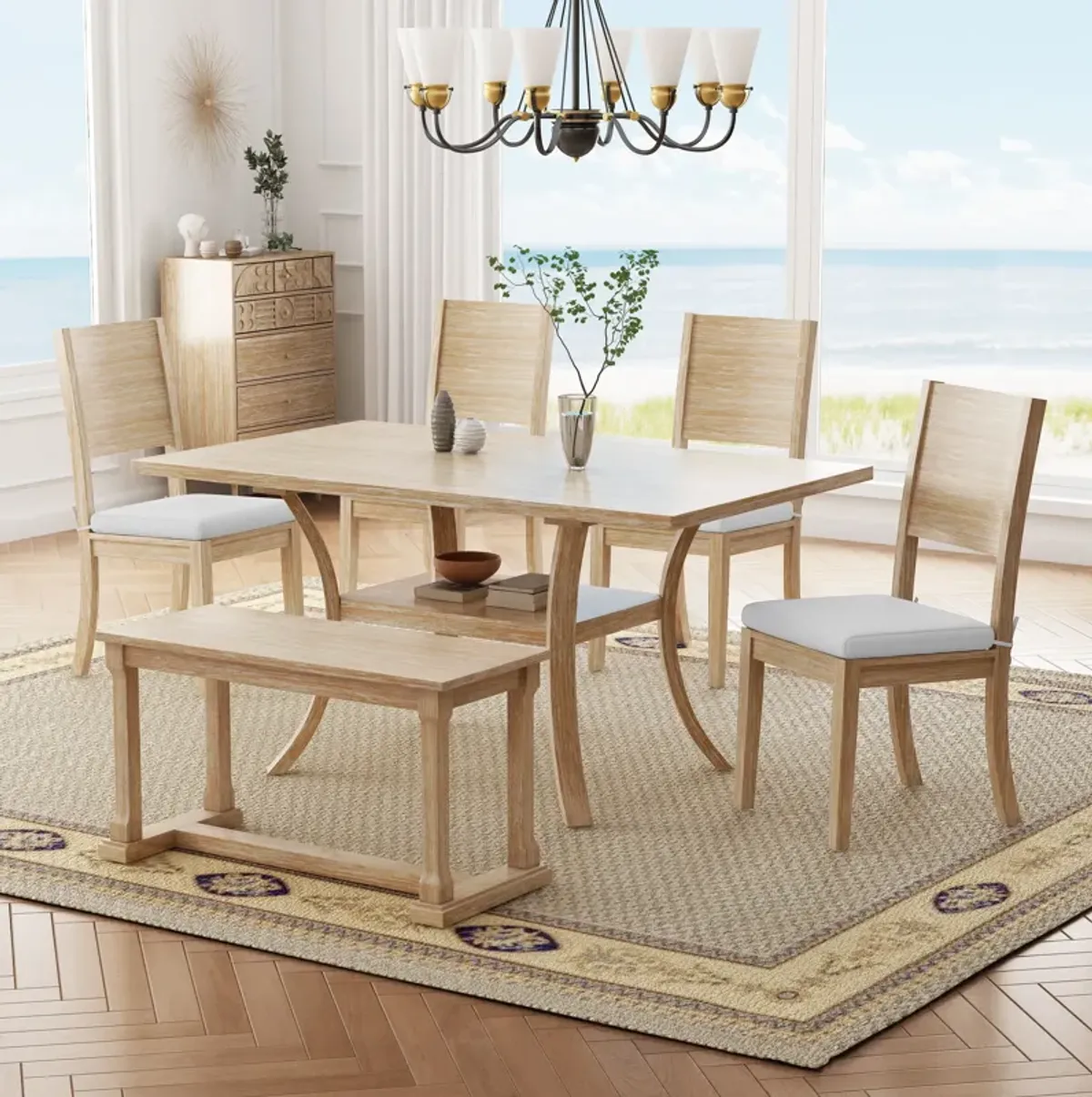 Topmax - 6 Piece Wood Dining Table Set With Storage Shelf And Curved Legs, Kitchen Table Set With Bench And 4 Removable Cushions Dining Chairs, Modern Style