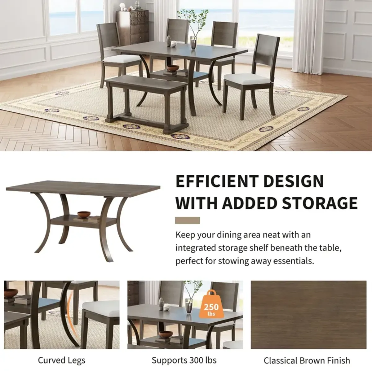 Topmax - 6 Piece Wood Dining Table Set With Storage Shelf And Curved Legs, Kitchen Table Set With Bench And 4 Removable Cushions Dining Chairs, Modern Style