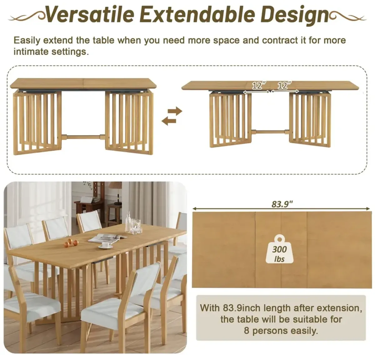 Topmax - 9 Piece Farmhouse Extendable Dining Table Set With 2 Removable Leaves And 8 Upholstered Dining Chairs