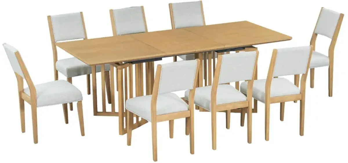 Topmax - 9 Piece Farmhouse Extendable Dining Table Set With 2 Removable Leaves And 8 Upholstered Dining Chairs