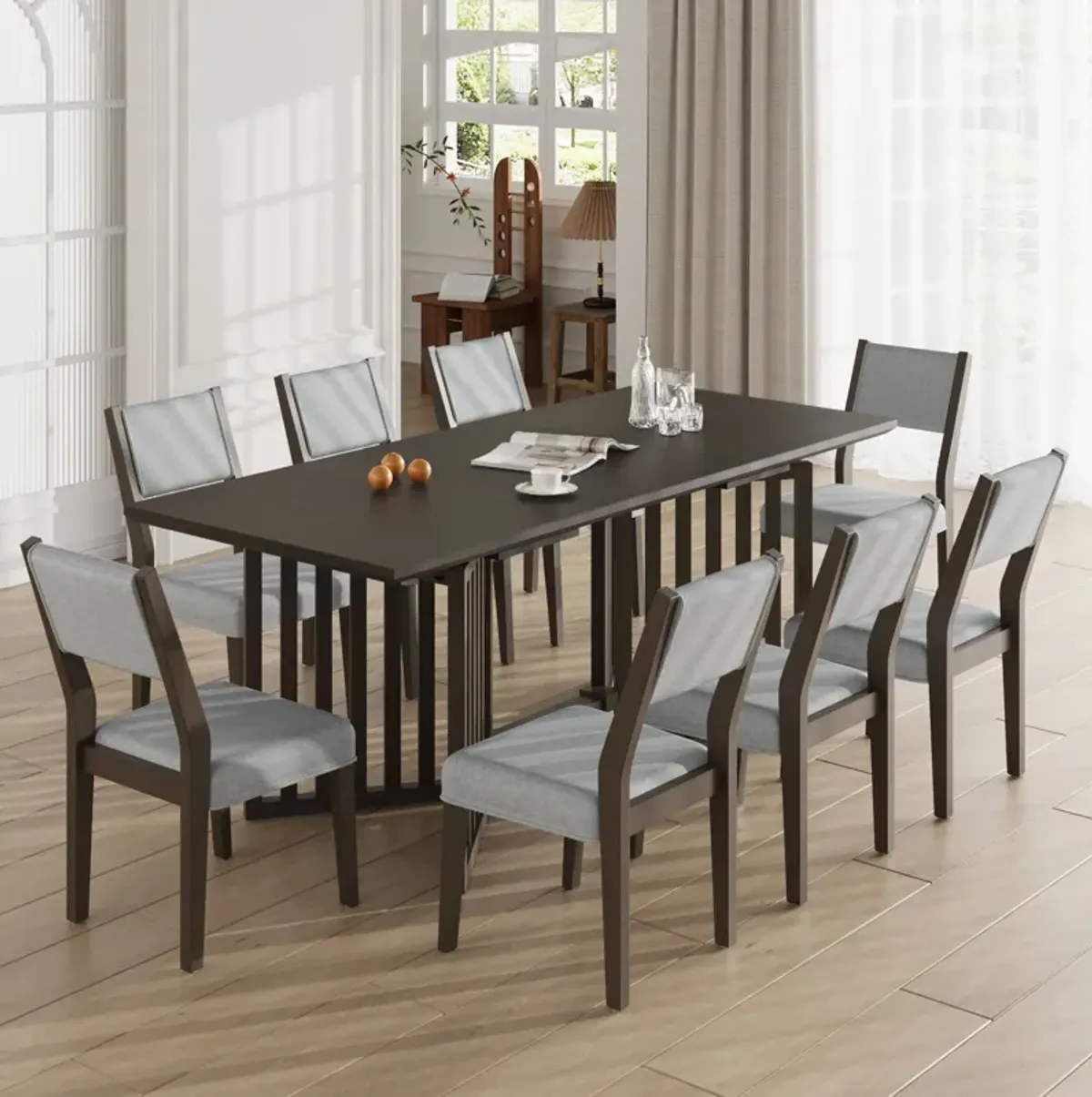 Topmax - 9 Piece Farmhouse Extendable Dining Table Set With 2 Removable Leaves And 8 Upholstered Dining Chairs