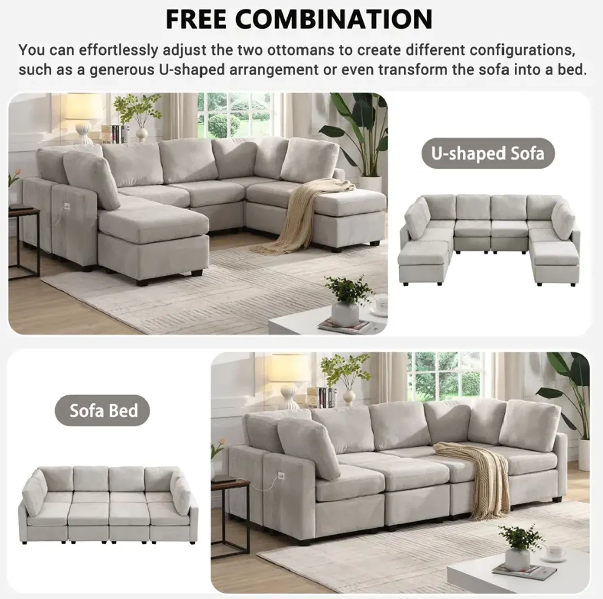 Sectional Sofa Couch Sofa Bed U-Shaped Sofa With Two Movable Ottoman And Three USB Ports For Living Room