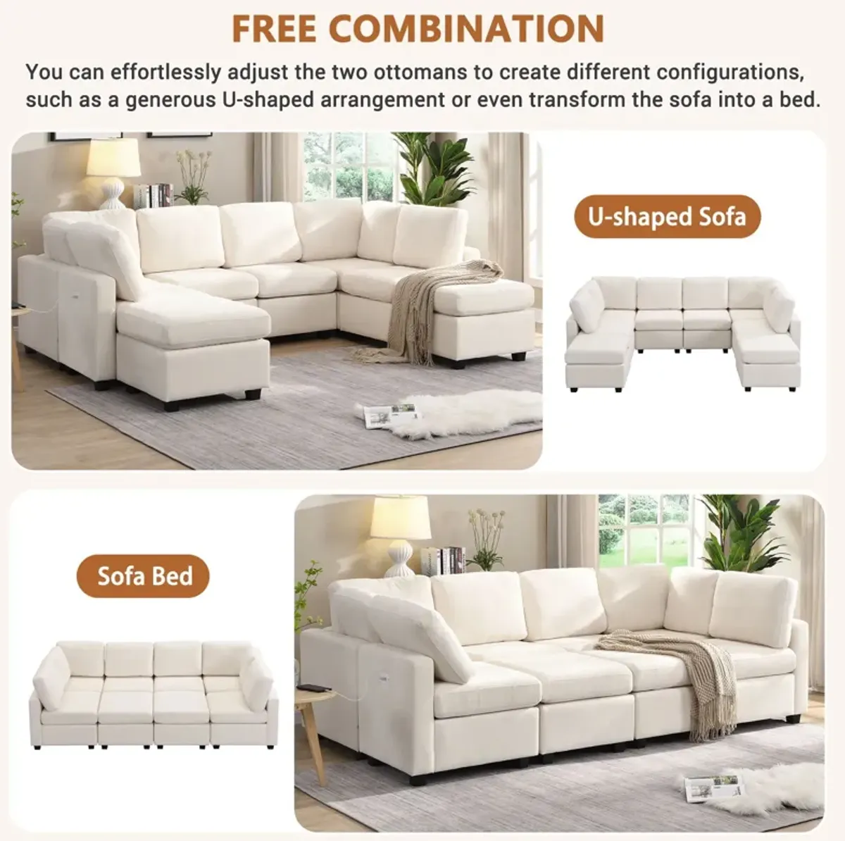 Sectional Sofa Couch Sofa Bed U-Shaped Sofa With Two Movable Ottoman And Three USB Ports For Living Room