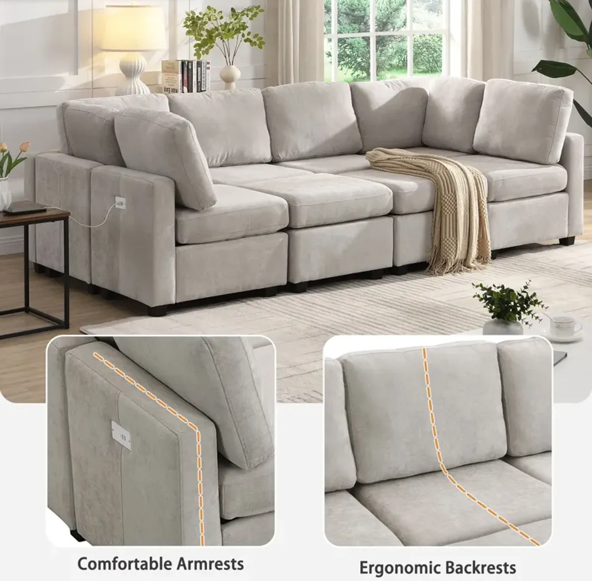 Sectional Sofa Couch Sofa Bed U-Shaped Sofa With Two Movable Ottoman And Three USB Ports For Living Room