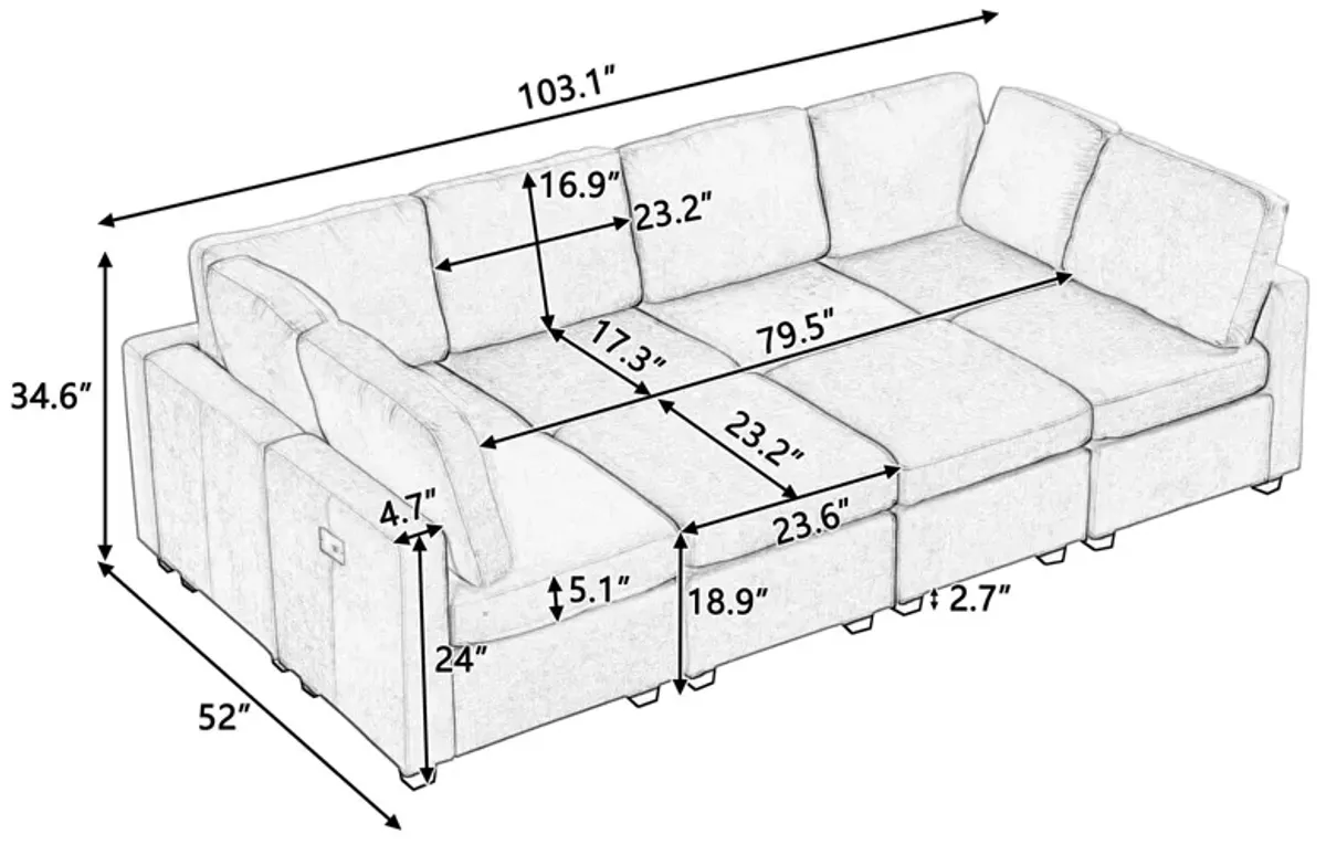 Sectional Sofa Couch Sofa Bed U-Shaped Sofa With Two Movable Ottoman And Three USB Ports For Living Room