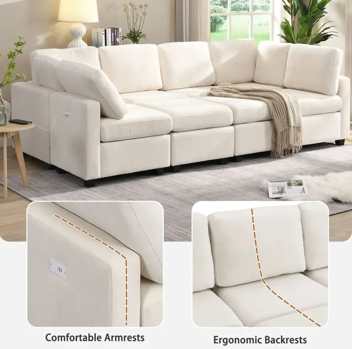 Sectional Sofa Couch Sofa Bed U-Shaped Sofa With Two Movable Ottoman And Three USB Ports For Living Room