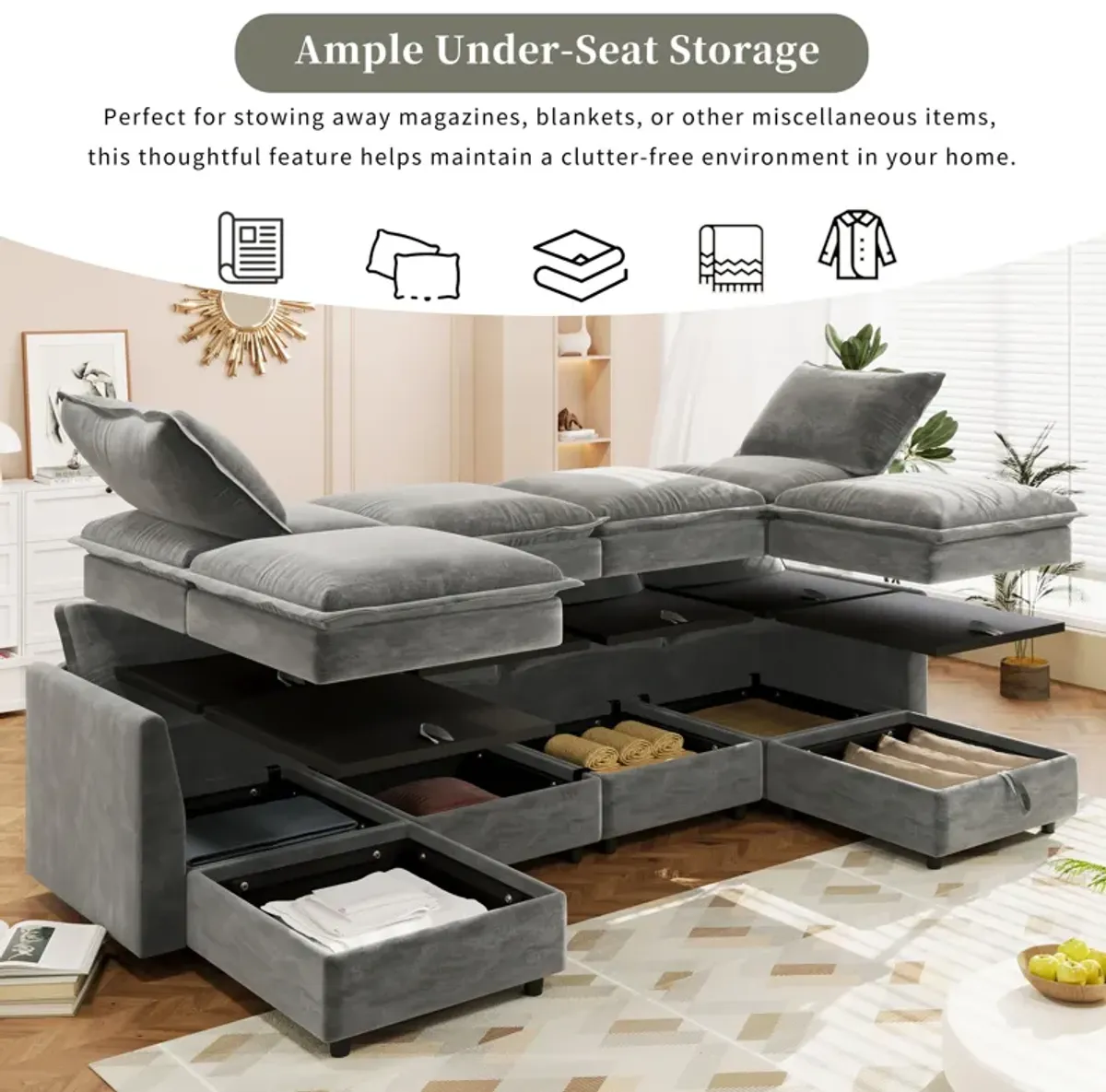 Versatile 6 Piece Modular Sofa Bed With Storage, Stylish Faux Double Layer Cushions, Comfortable & Durable Design, Perfect For Any Living Space