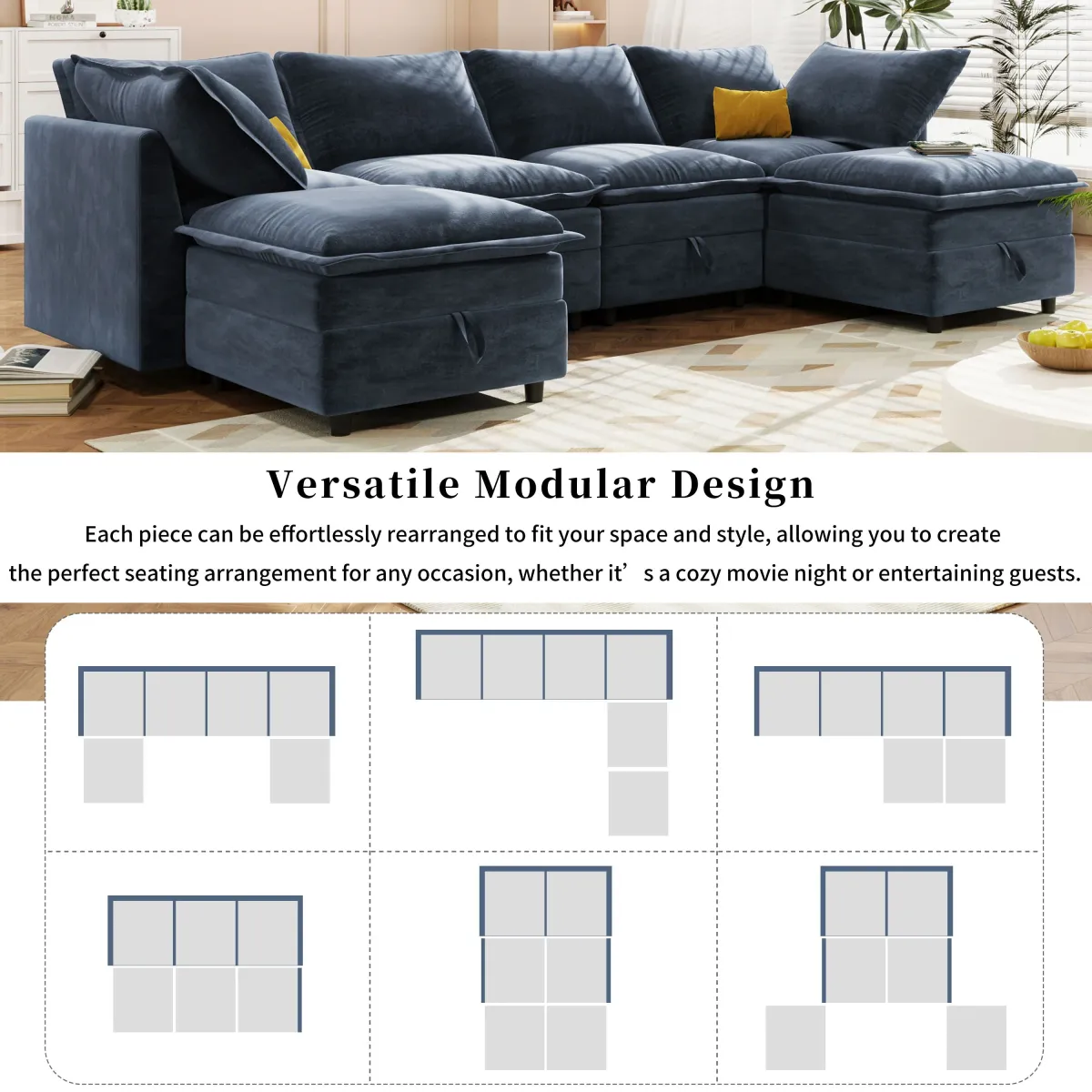 Versatile 6 Piece Modular Sofa Bed With Storage, Stylish Faux Double Layer Cushions, Comfortable & Durable Design, Perfect For Any Living Space