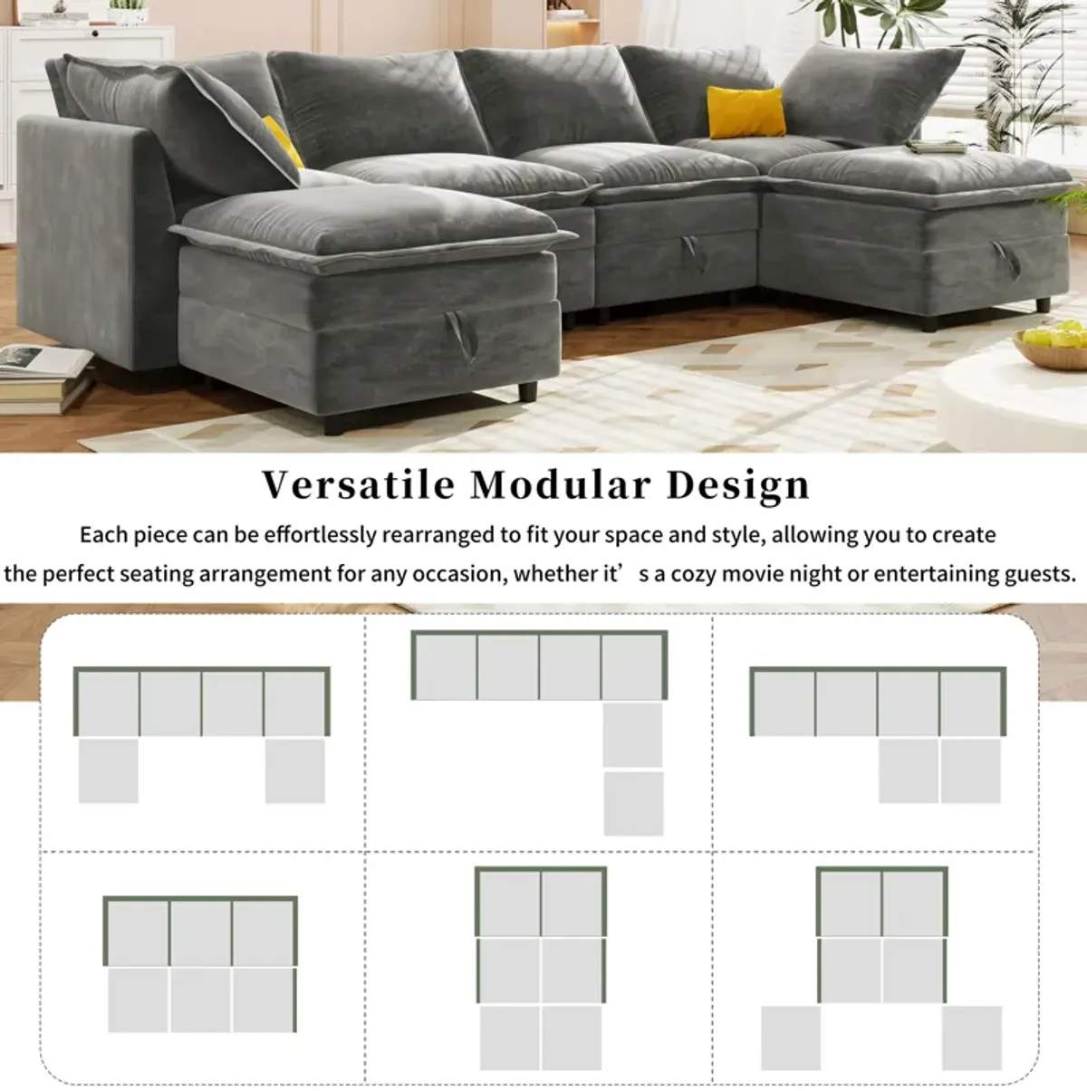 Versatile 6 Piece Modular Sofa Bed With Storage, Stylish Faux Double Layer Cushions, Comfortable & Durable Design, Perfect For Any Living Space