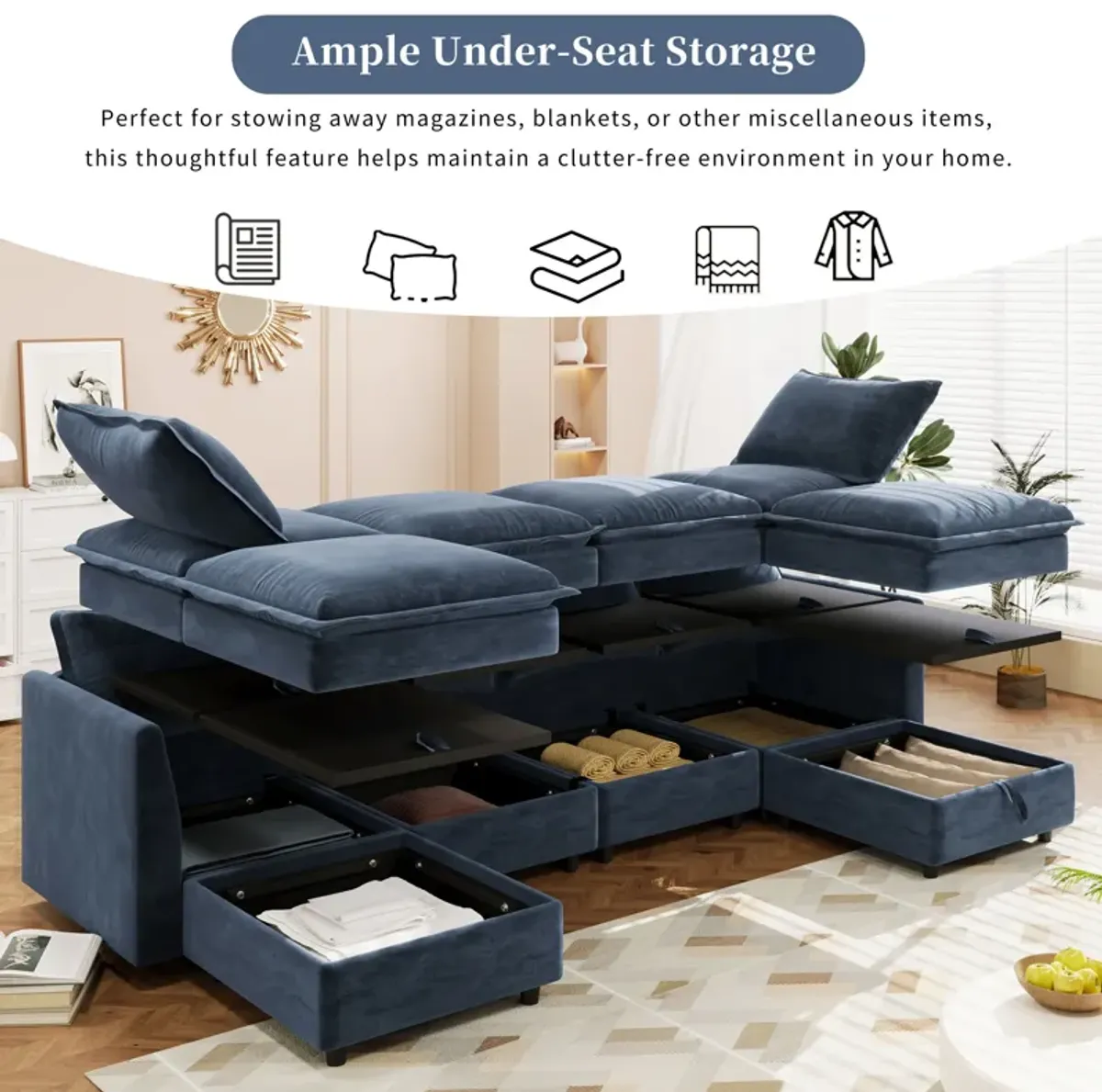 Versatile 6 Piece Modular Sofa Bed With Storage, Stylish Faux Double Layer Cushions, Comfortable & Durable Design, Perfect For Any Living Space