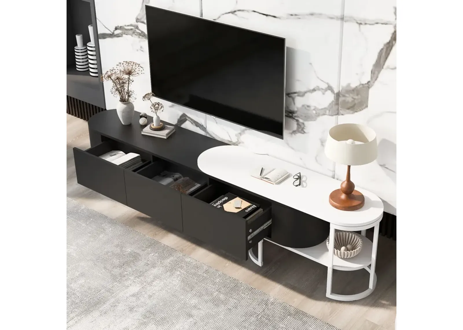 Modern Extendable TV Stand For TVs Up To 75", Entertainment Center Media Console With 3 Drawers, Metal Adjustable Legs For Living Room