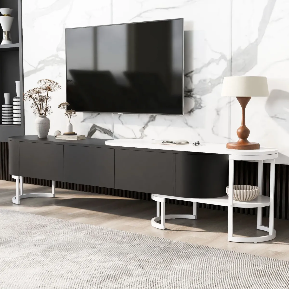 Modern Extendable TV Stand For TVs Up To 75", Entertainment Center Media Console With 3 Drawers, Metal Adjustable Legs For Living Room