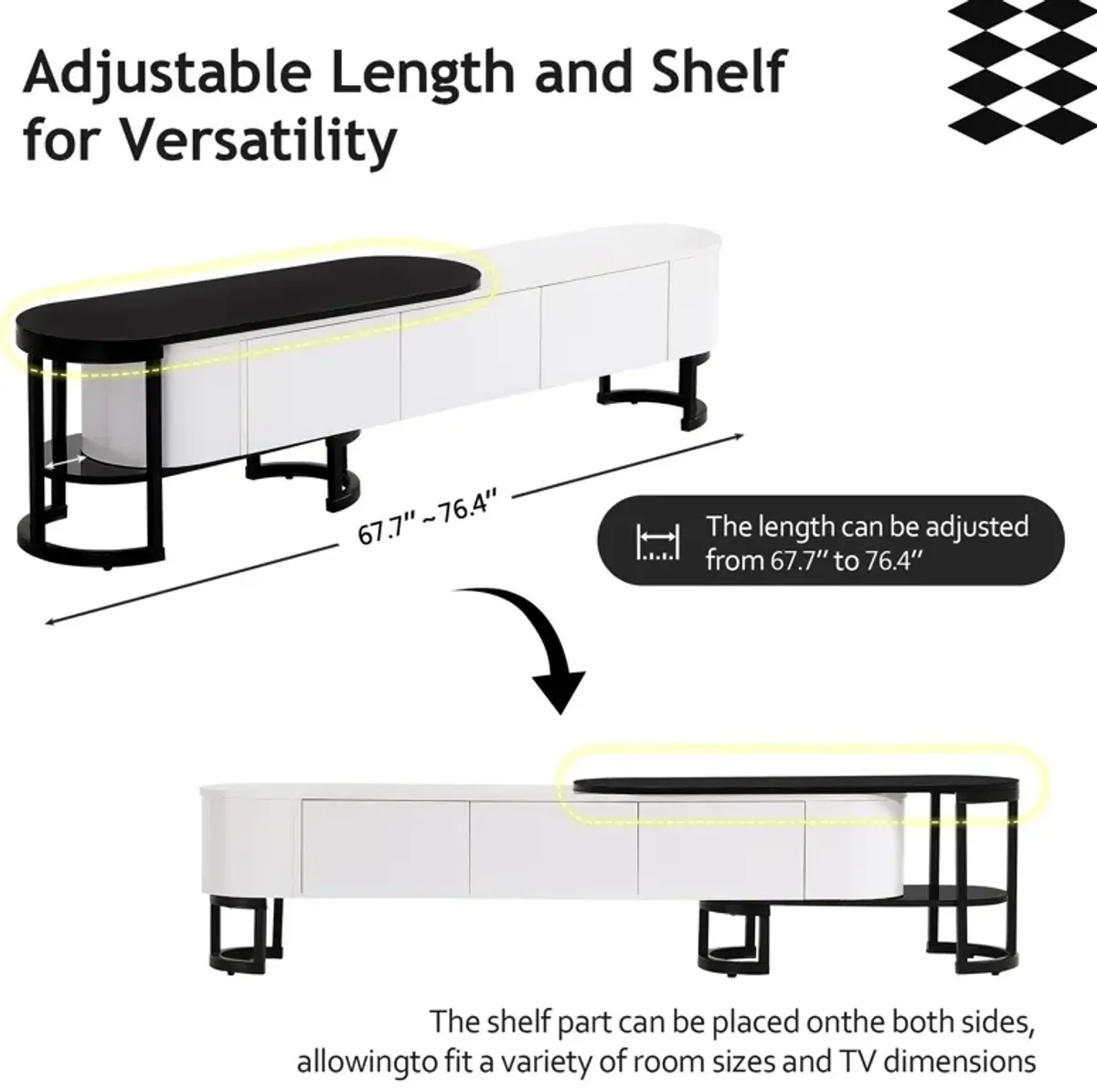 Modern Extendable TV Stand For TVs Up To 75", Entertainment Center Media Console With 3 Drawers, Metal Adjustable Legs For Living Room