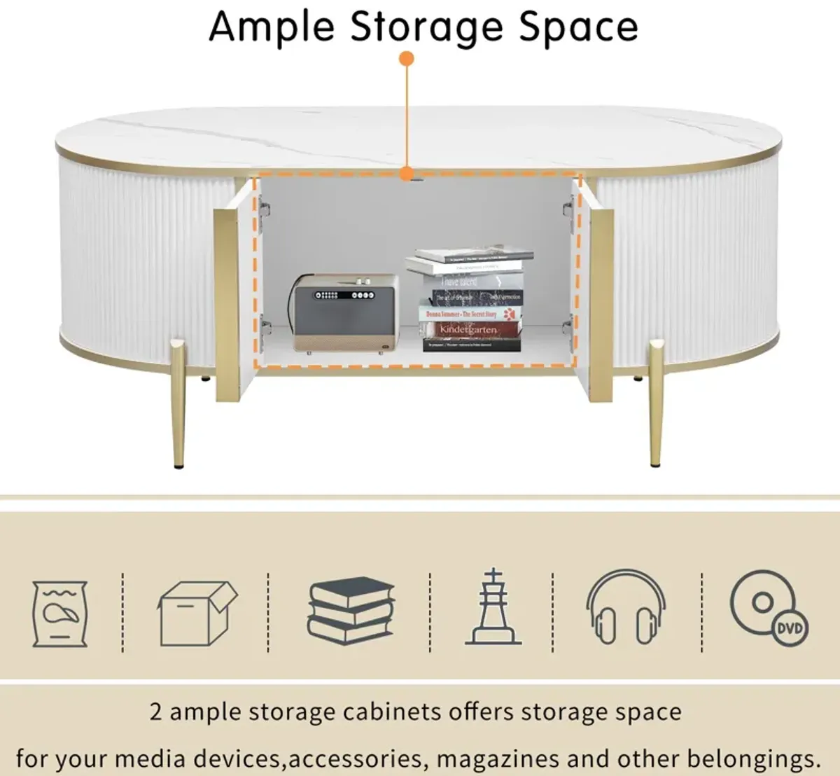 Modern Luxury Oval Shaped Fluted Coffee Table, Marble - Patterned Top Coffee Table With 2 Cabinets, Metal Legs And Handles For Living Room