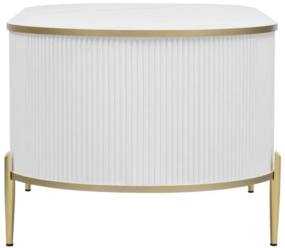 Modern Luxury Oval Shaped Fluted Coffee Table, Marble - Patterned Top Coffee Table With 2 Cabinets, Metal Legs And Handles For Living Room