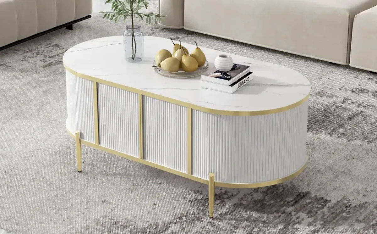 Modern Luxury Oval Shaped Fluted Coffee Table, Marble - Patterned Top Coffee Table With 2 Cabinets, Metal Legs And Handles For Living Room