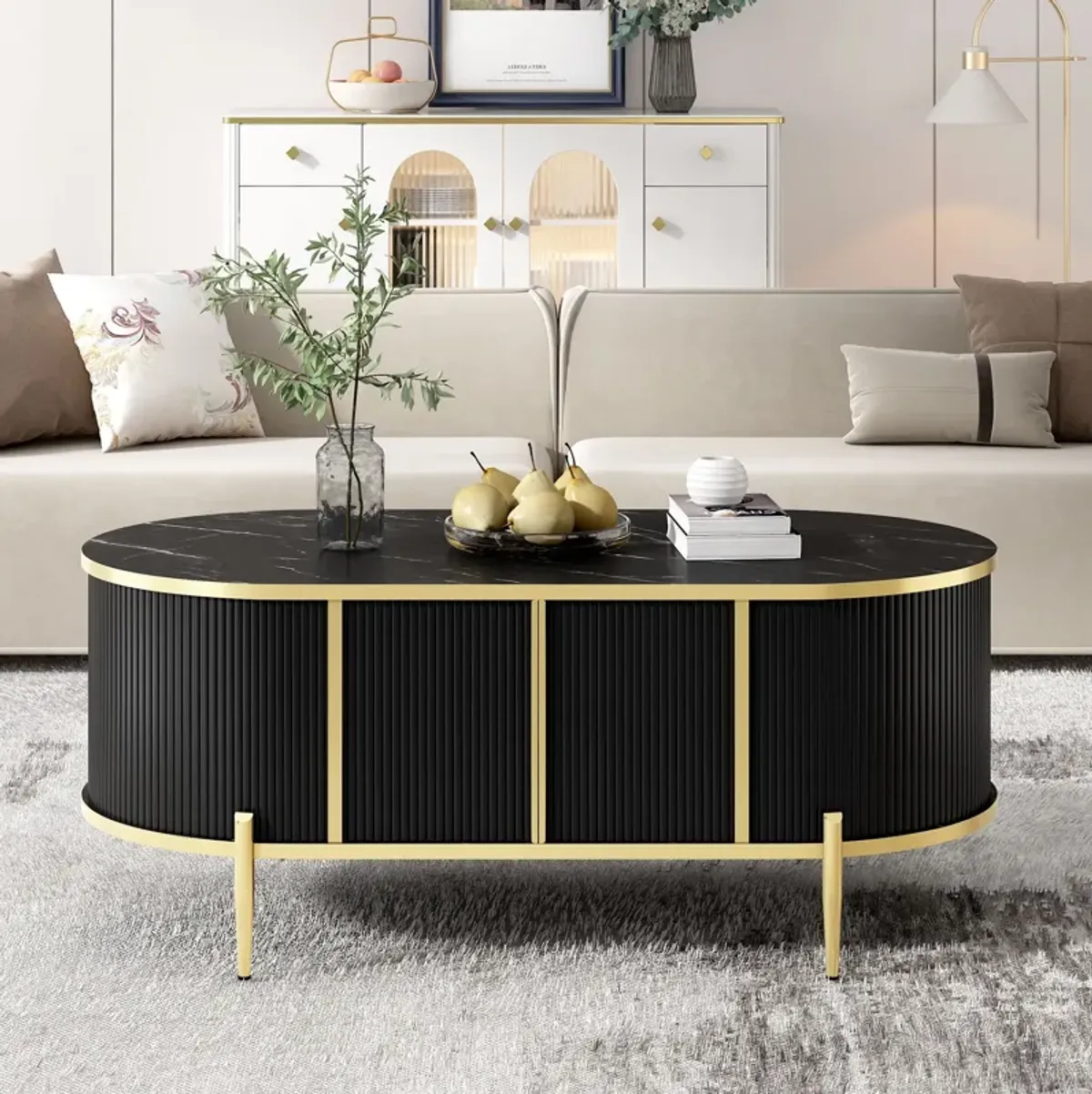 Modern Luxury Oval Shaped Fluted Coffee Table, Marble - Patterned Top Coffee Table With 2 Cabinets, Metal Legs And Handles For Living Room