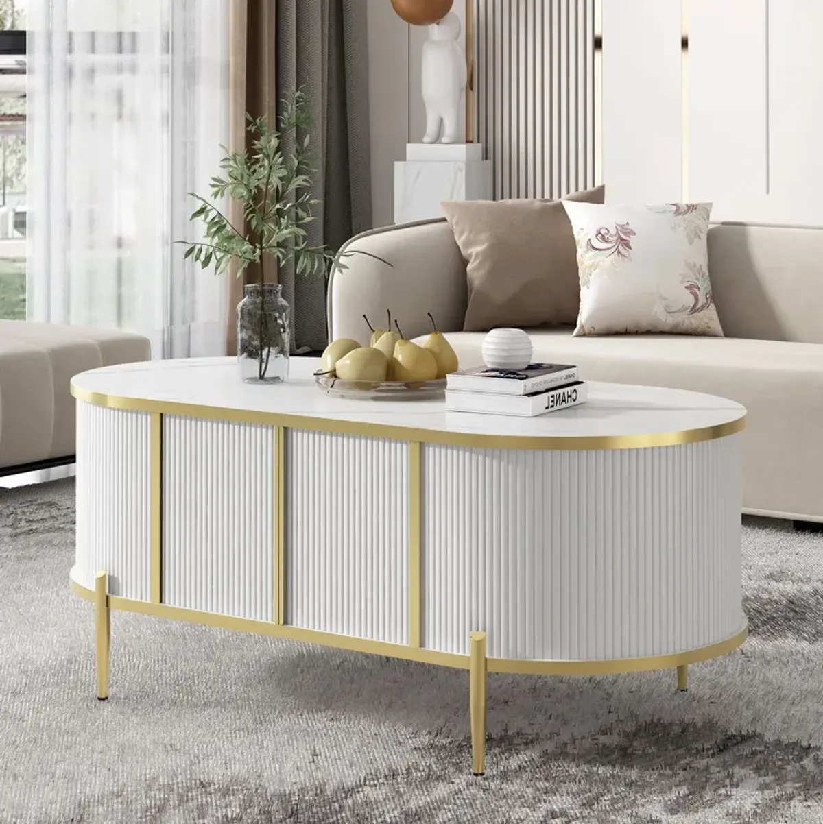 Modern Luxury Oval Shaped Fluted Coffee Table, Marble - Patterned Top Coffee Table With 2 Cabinets, Metal Legs And Handles For Living Room