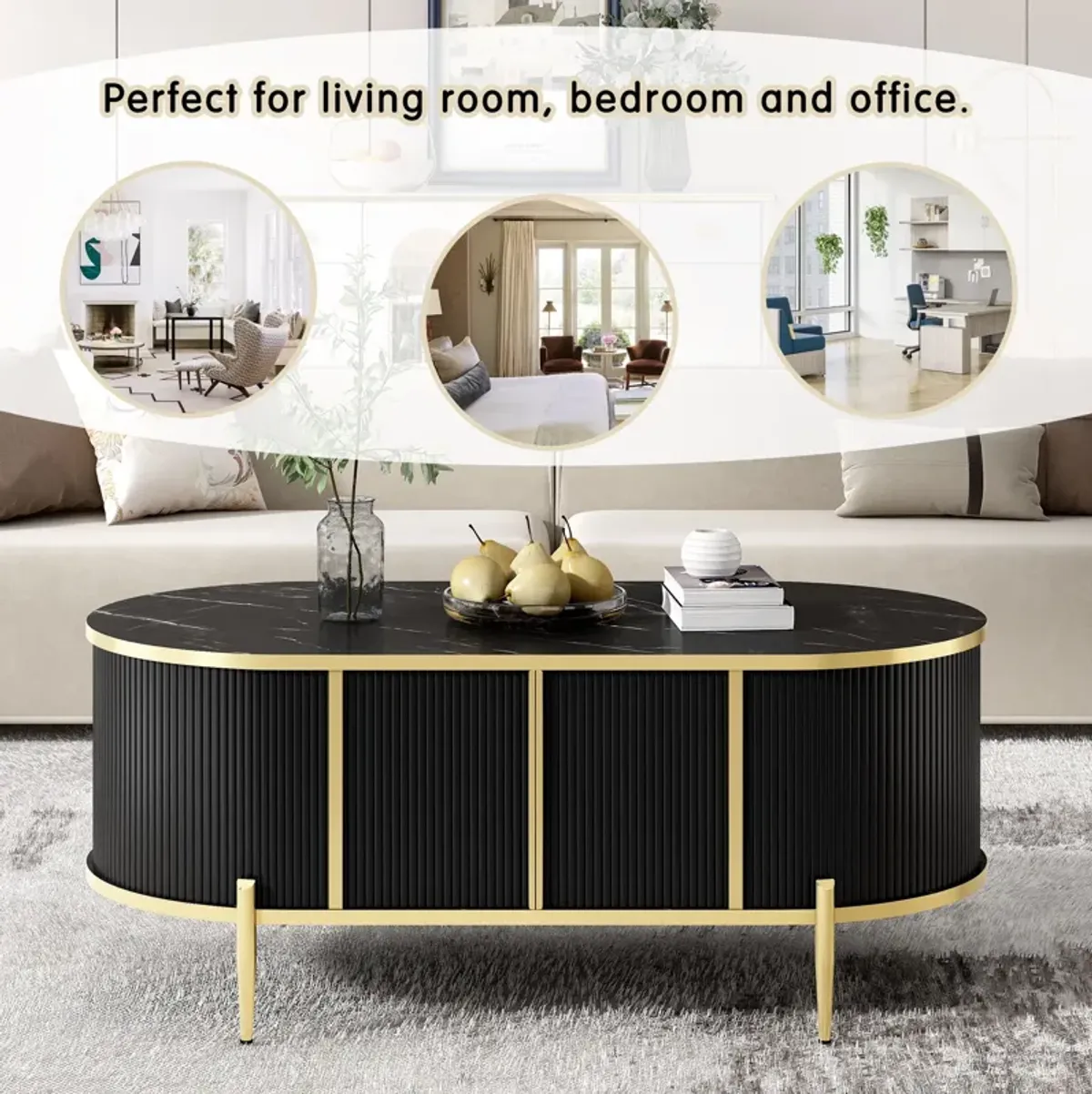 Modern Luxury Oval Shaped Fluted Coffee Table, Marble - Patterned Top Coffee Table With 2 Cabinets, Metal Legs And Handles For Living Room