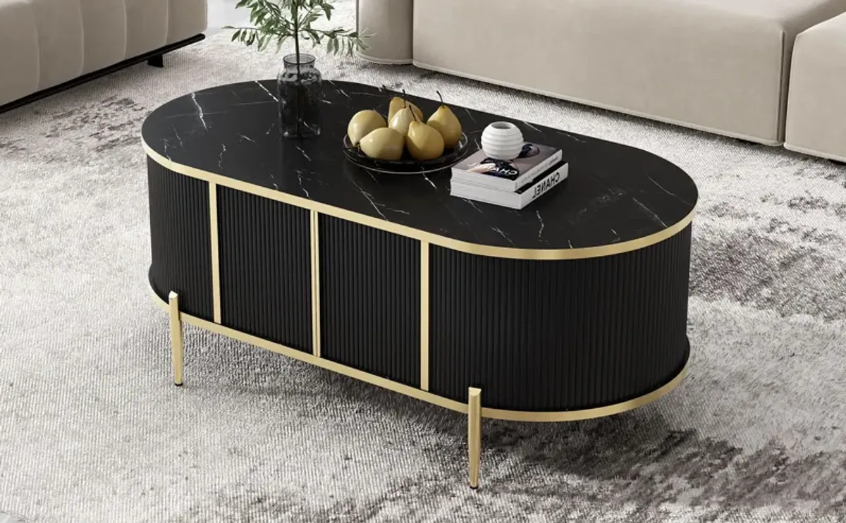 Modern Luxury Oval Shaped Fluted Coffee Table, Marble - Patterned Top Coffee Table With 2 Cabinets, Metal Legs And Handles For Living Room