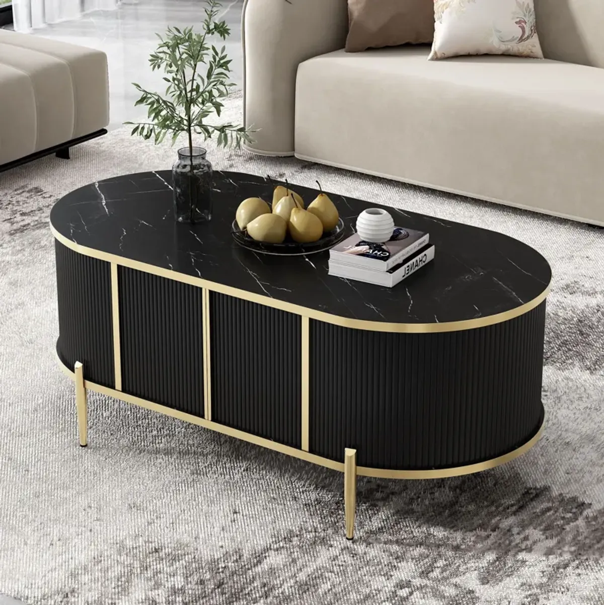 Modern Luxury Oval Shaped Fluted Coffee Table, Marble - Patterned Top Coffee Table With 2 Cabinets, Metal Legs And Handles For Living Room