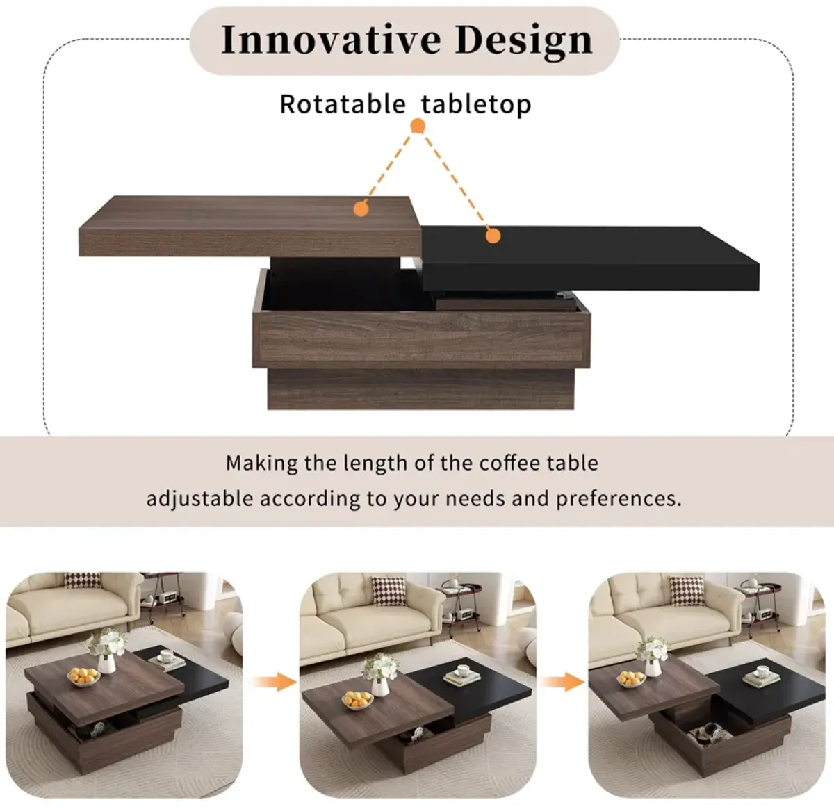 Rotatable Top Coffee Table, Modern Square Coffee Table With Wood Grain Design, 1 Hidden Storage Space For Living Room