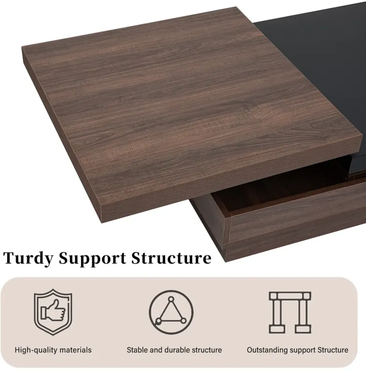 Rotatable Top Coffee Table, Modern Square Coffee Table With Wood Grain Design, 1 Hidden Storage Space For Living Room