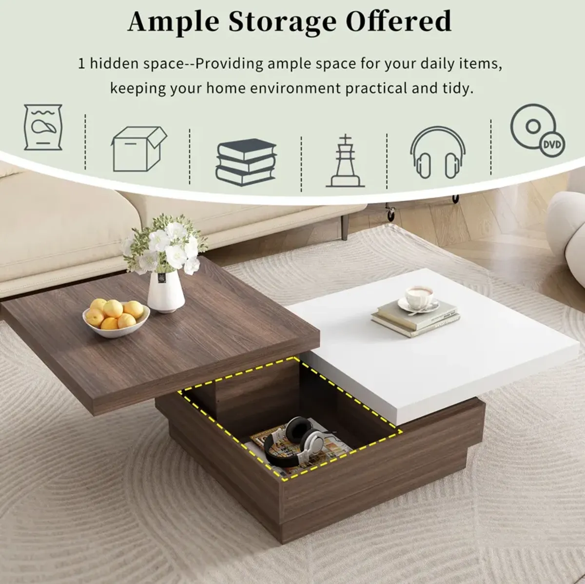 Rotatable Top Coffee Table, Modern Square Coffee Table With Wood Grain Design, 1 Hidden Storage Space For Living Room