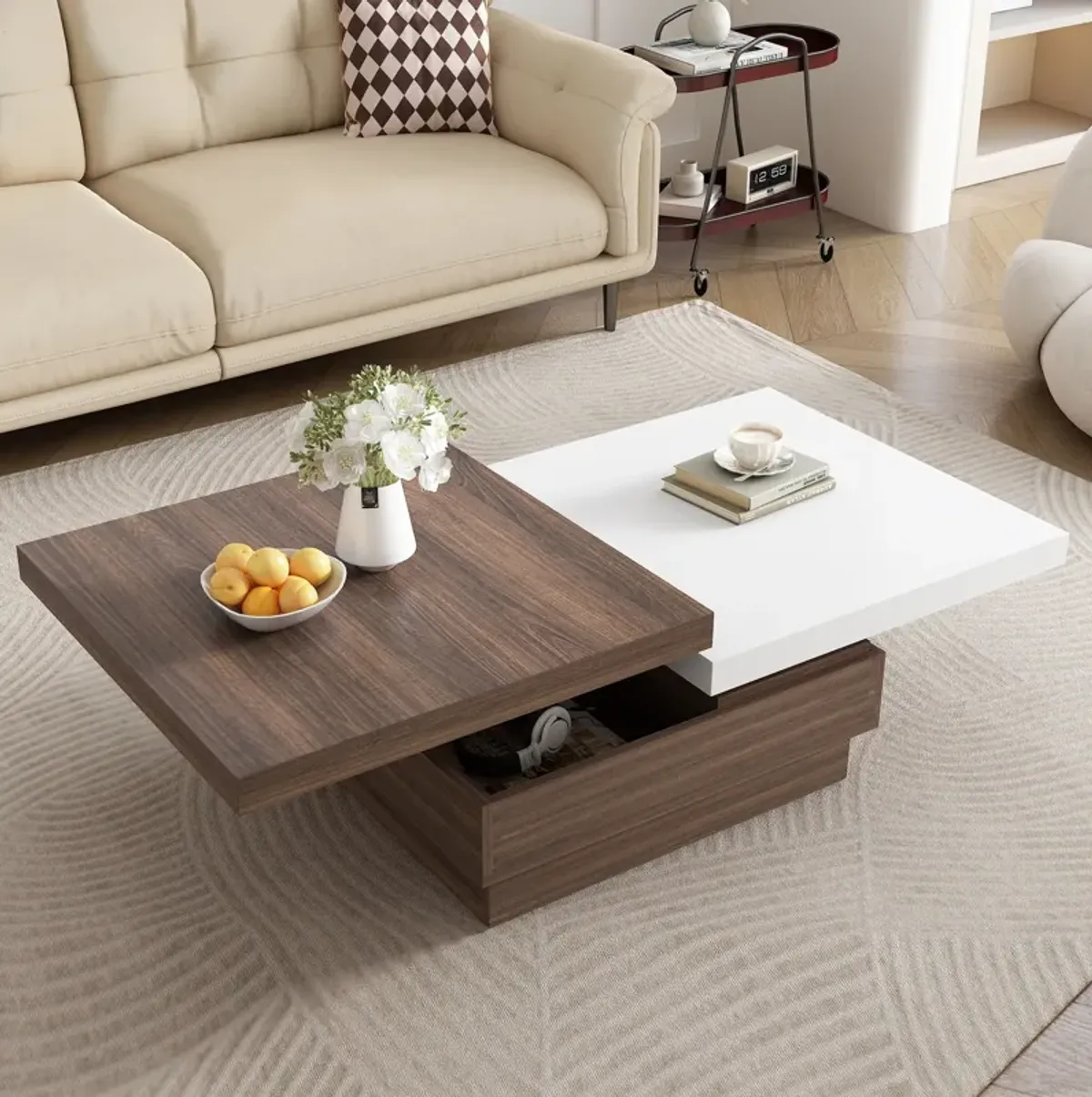 Rotatable Top Coffee Table, Modern Square Coffee Table With Wood Grain Design, 1 Hidden Storage Space For Living Room