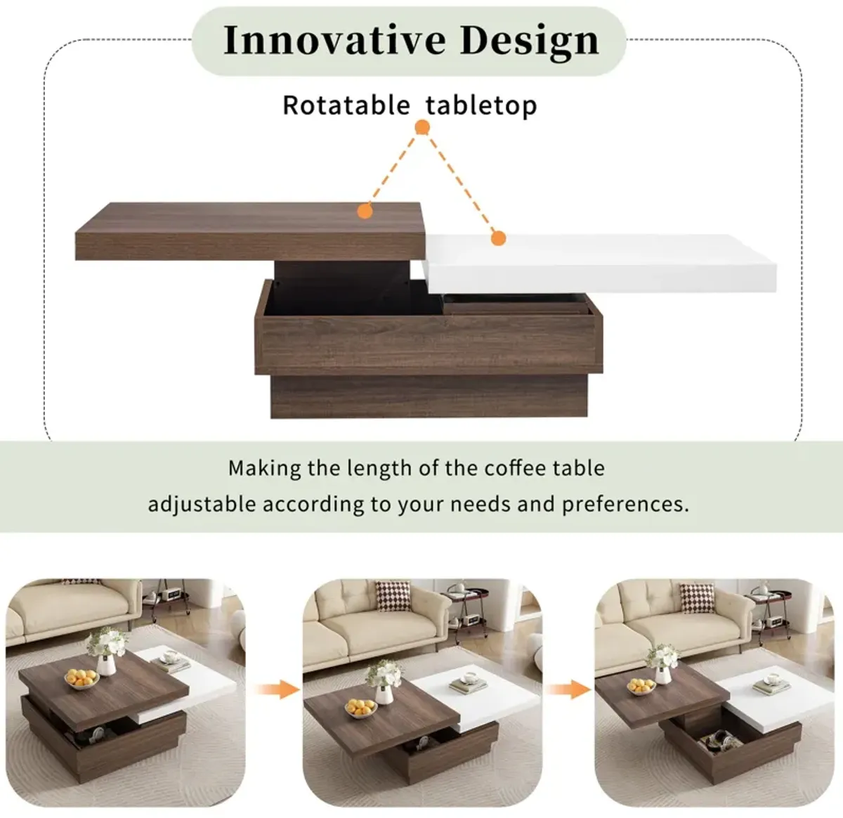 Rotatable Top Coffee Table, Modern Square Coffee Table With Wood Grain Design, 1 Hidden Storage Space For Living Room