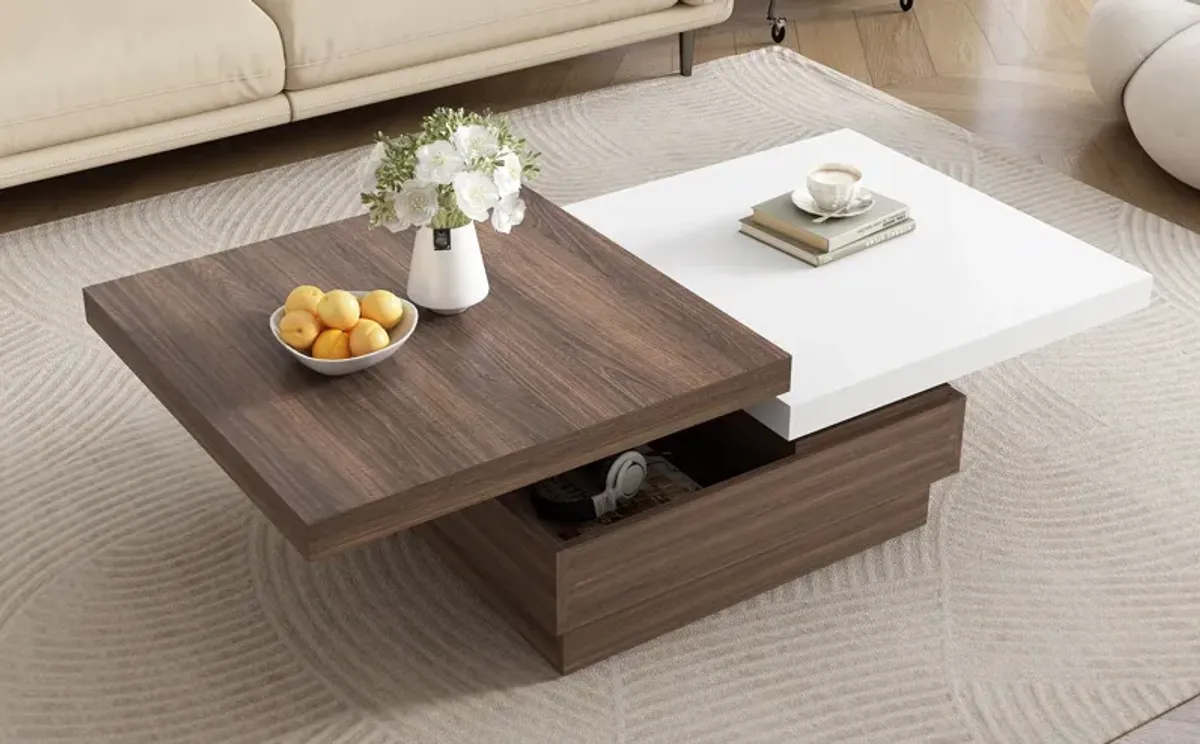 Rotatable Top Coffee Table, Modern Square Coffee Table With Wood Grain Design, 1 Hidden Storage Space For Living Room