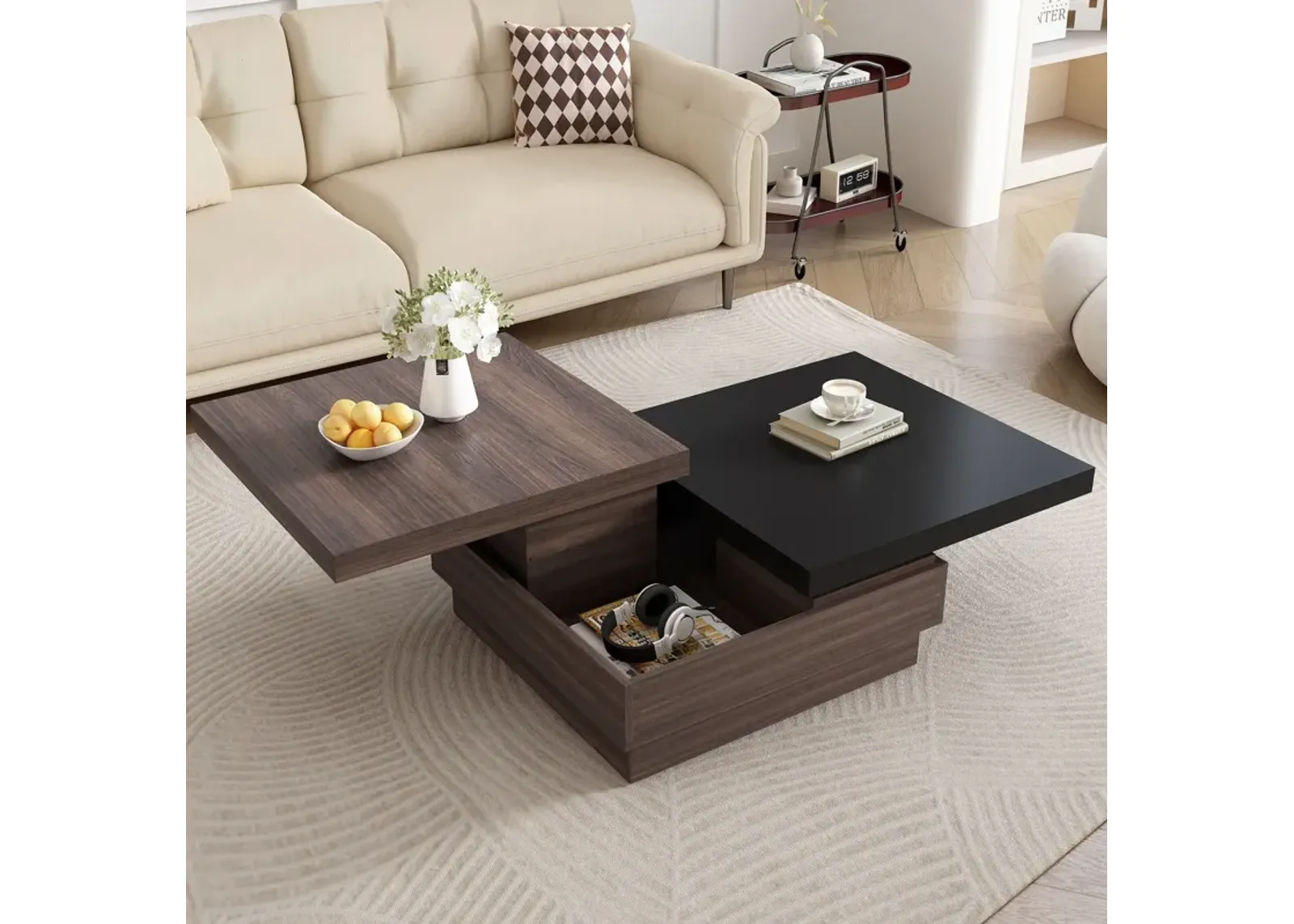 Rotatable Top Coffee Table, Modern Square Coffee Table With Wood Grain Design, 1 Hidden Storage Space For Living Room