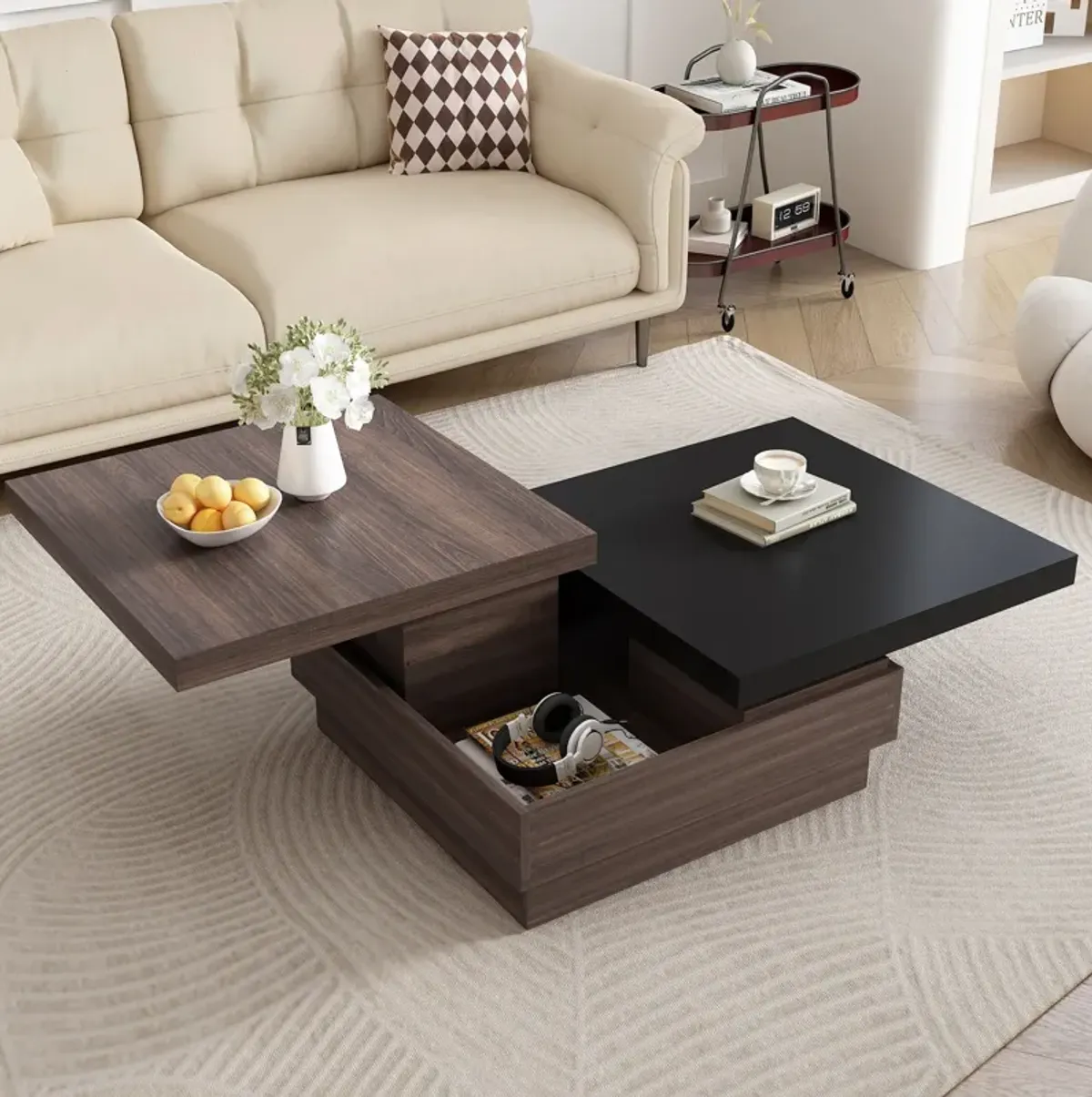 Rotatable Top Coffee Table, Modern Square Coffee Table With Wood Grain Design, 1 Hidden Storage Space For Living Room