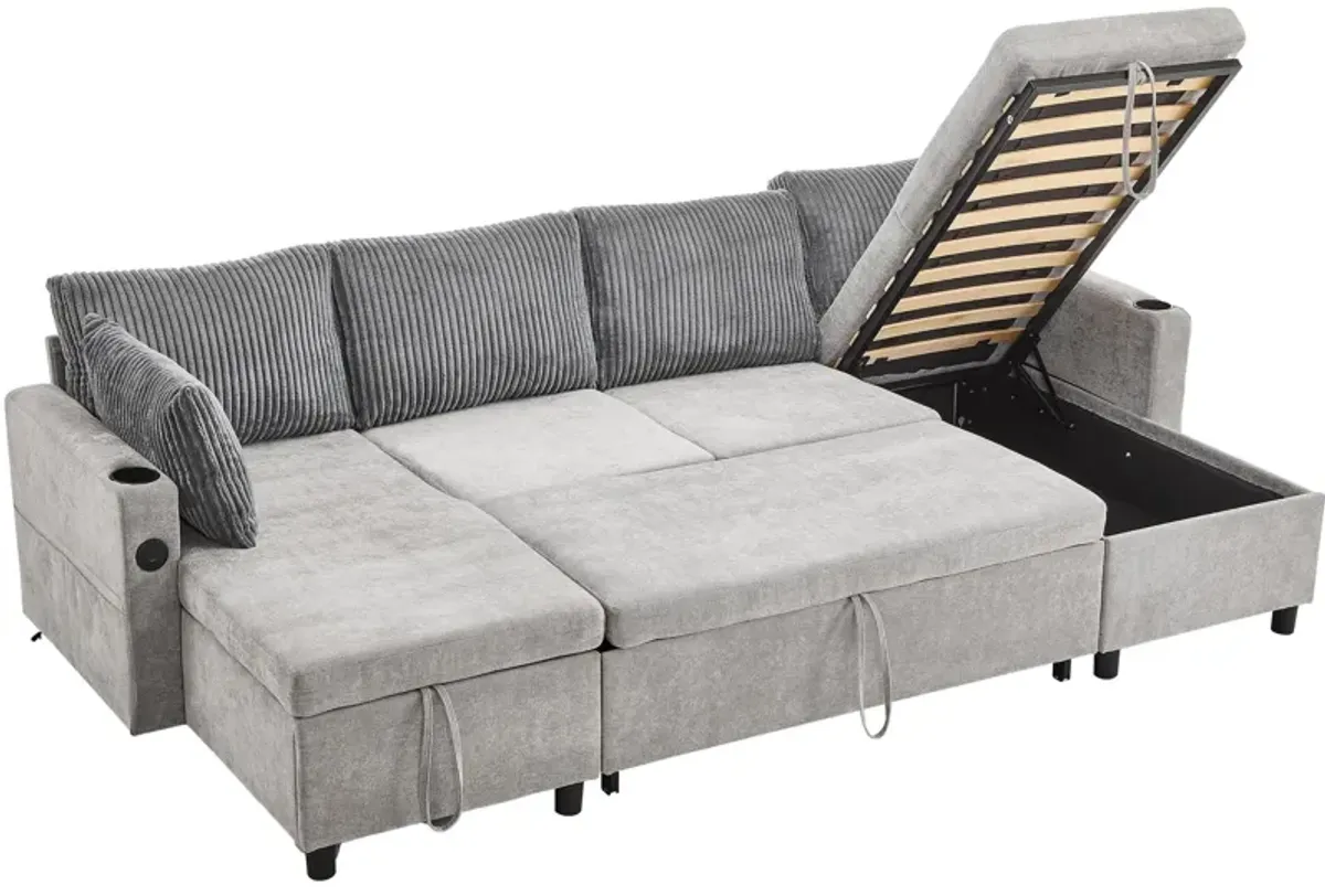 Sectional Sofa Pull Out Sofa Bed Versatile Sofa Sleeper With Large Storage Space, Two USB Ports And Two Cup Holders For Living Room