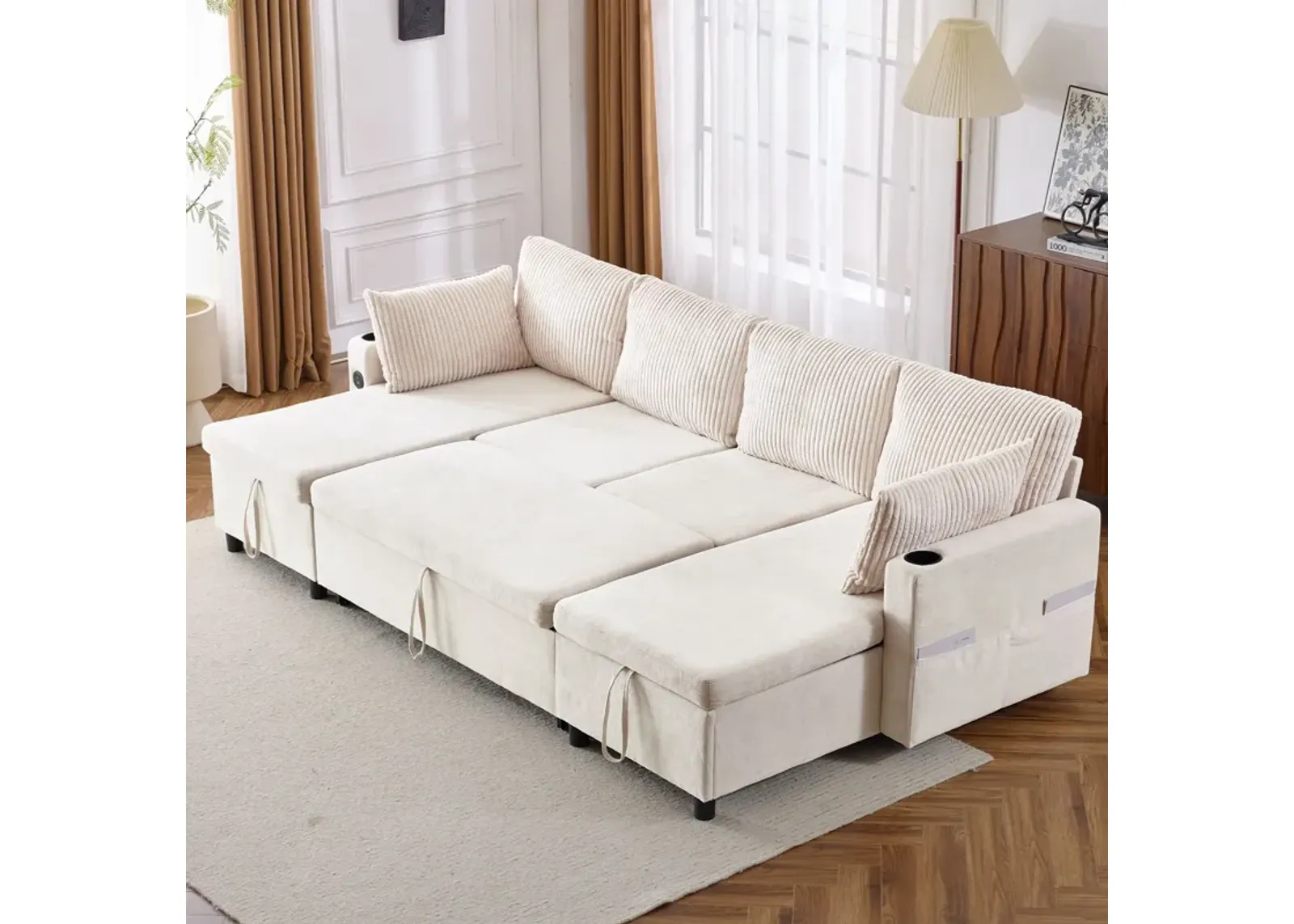 Sectional Sofa Pull Out Sofa Bed Versatile Sofa Sleeper With Large Storage Space, Two USB Ports And Two Cup Holders For Living Room