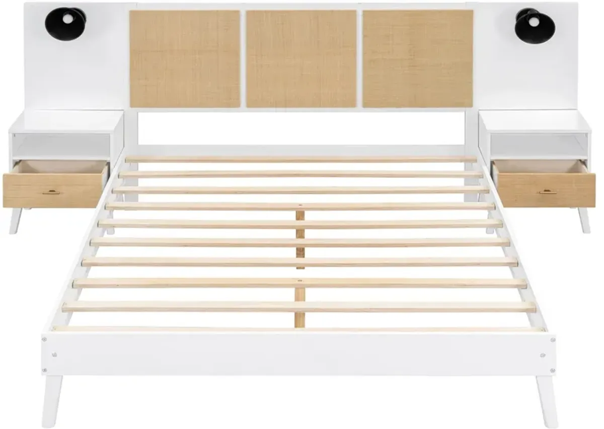 Solid Wood Bed Frame With 2 Nightstands, Elegant Design With Lamps, Rattan And Wood Combination