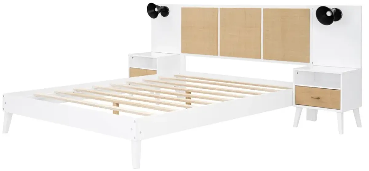 Solid Wood Bed Frame With 2 Nightstands, Elegant Design With Lamps, Rattan And Wood Combination