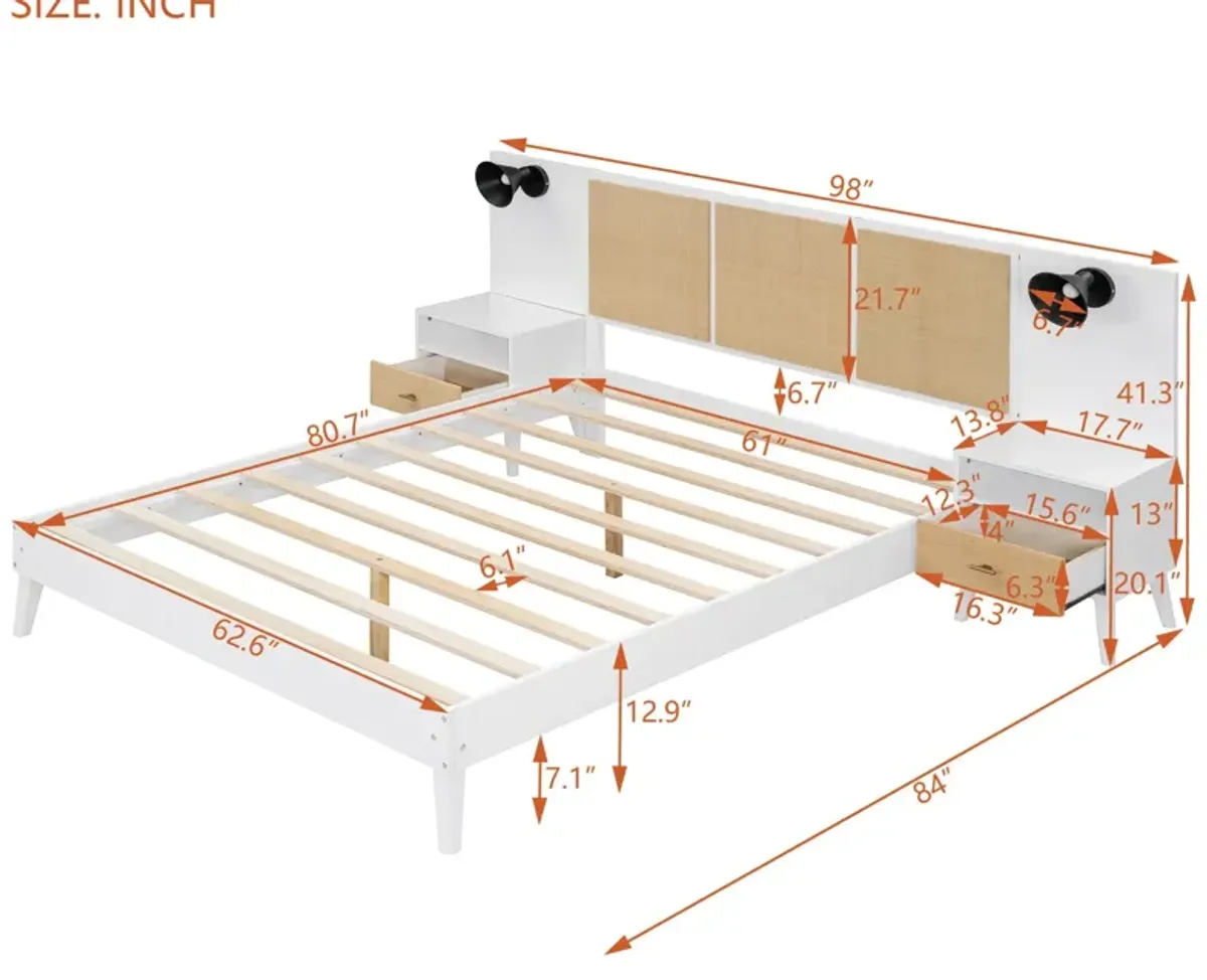 Solid Wood Bed Frame With 2 Nightstands, Elegant Design With Lamps, Rattan And Wood Combination