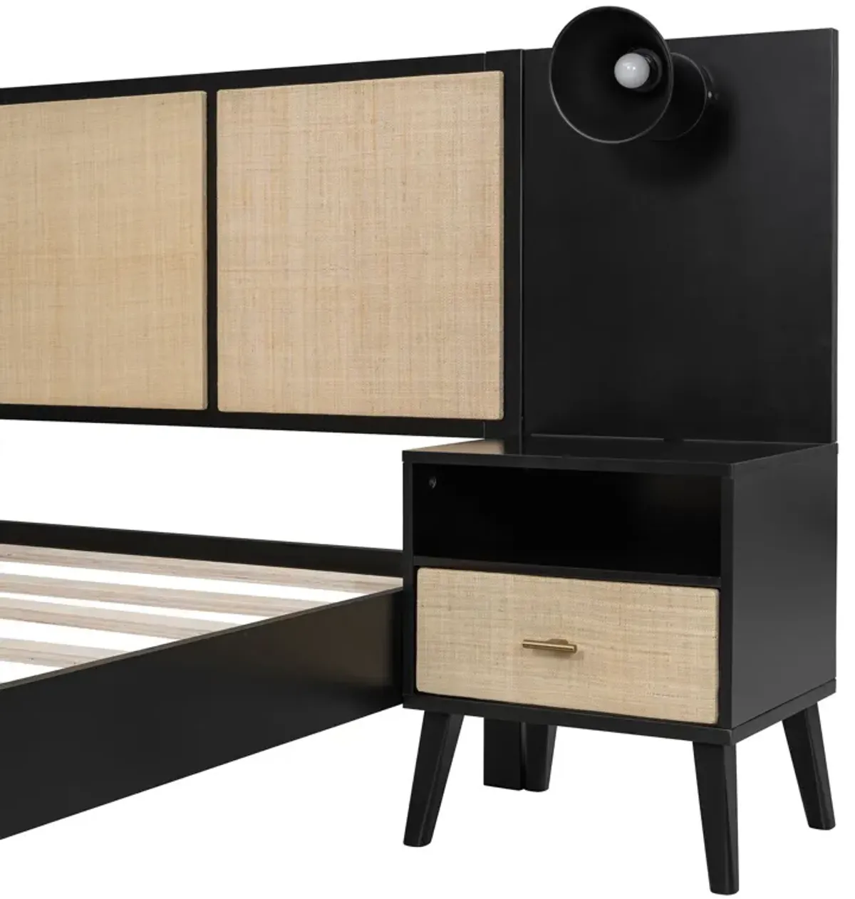 Solid Wood Bed Frame With 2 Nightstands, Elegant Design With Lamps, Rattan And Wood Combination