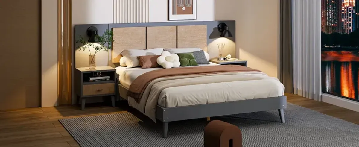 Solid Wood Bed Frame With 2 Nightstands, Elegant Design With Lamps, Rattan And Wood Combination