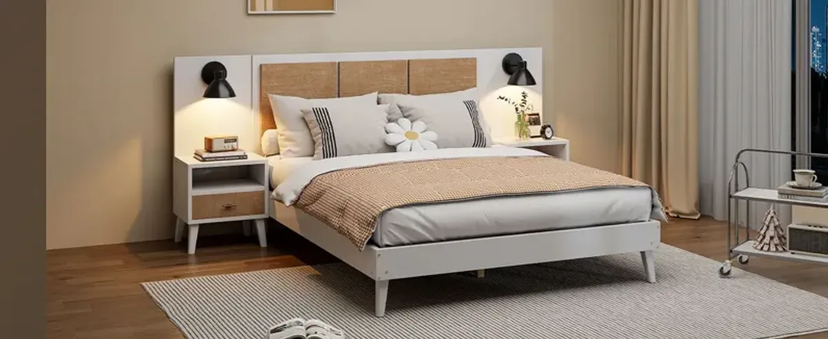 Solid Wood Bed Frame With 2 Nightstands, Elegant Design With Lamps, Rattan And Wood Combination