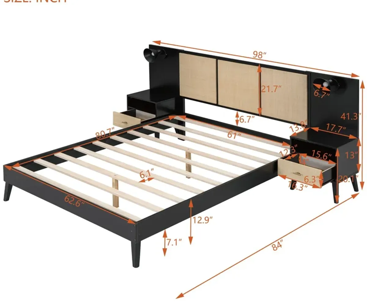 Solid Wood Bed Frame With 2 Nightstands, Elegant Design With Lamps, Rattan And Wood Combination