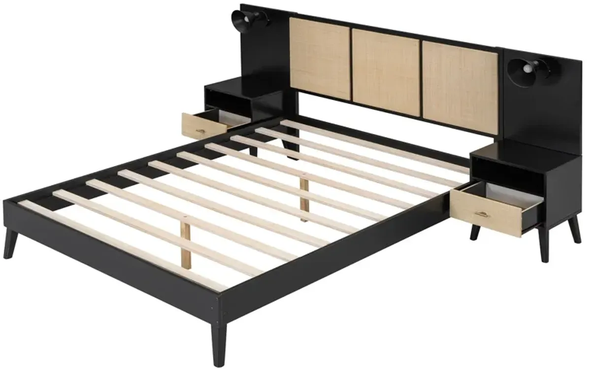 Solid Wood Bed Frame With 2 Nightstands, Elegant Design With Lamps, Rattan And Wood Combination