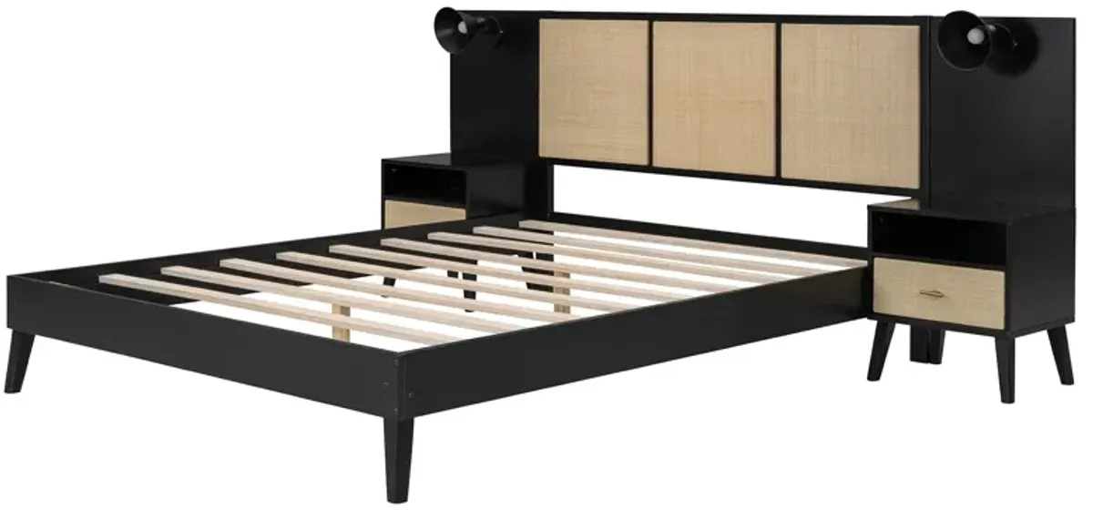 Solid Wood Bed Frame With 2 Nightstands, Elegant Design With Lamps, Rattan And Wood Combination