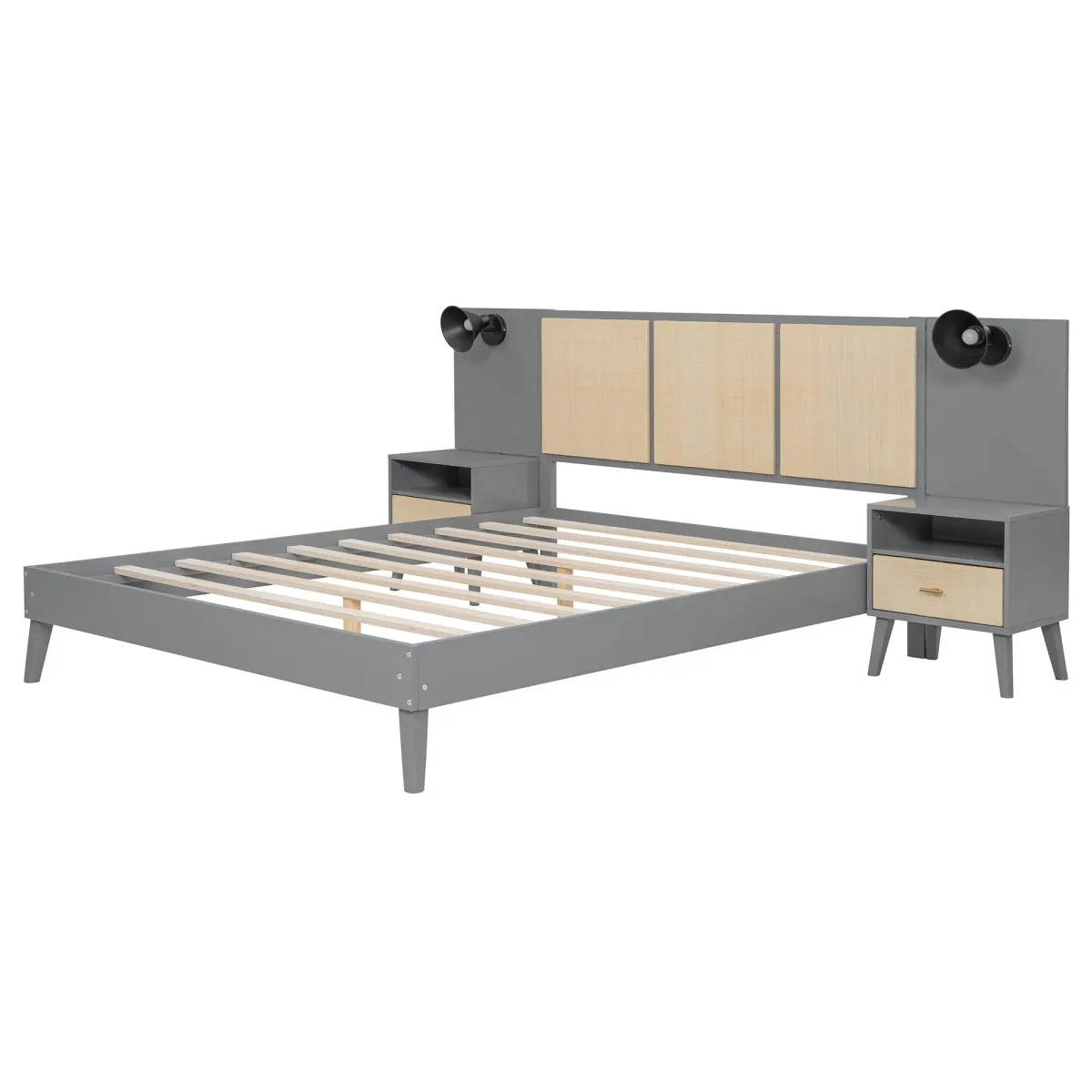 Solid Wood Bed Frame With 2 Nightstands, Elegant Design With Lamps, Rattan And Wood Combination