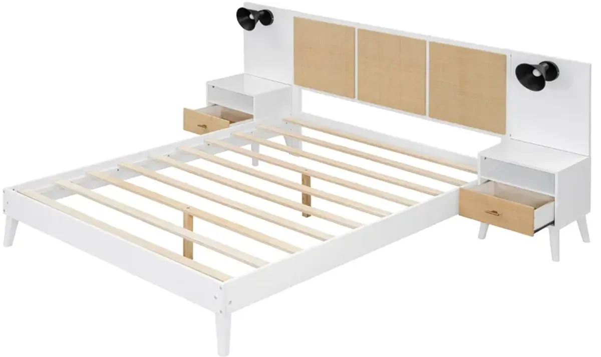 Solid Wood Bed Frame With 2 Nightstands, Elegant Design With Lamps, Rattan And Wood Combination